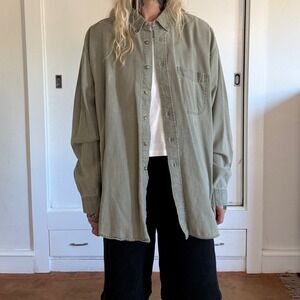Vintage Olive Green Cotton Twill Button Down Shirt Long Sleeve Mens XL